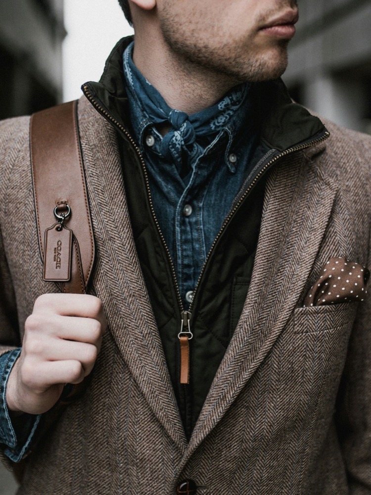 Camel herringbone blazer, detail of lapel and pocket square