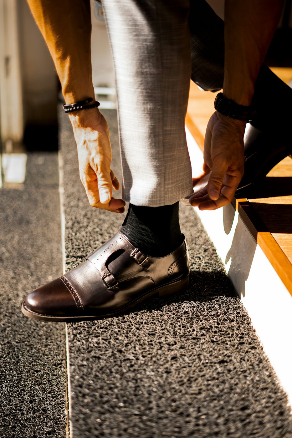 Tailored trousers with a double monk-strap dress shoe, bespoke tailoring in Sugar Land, TX